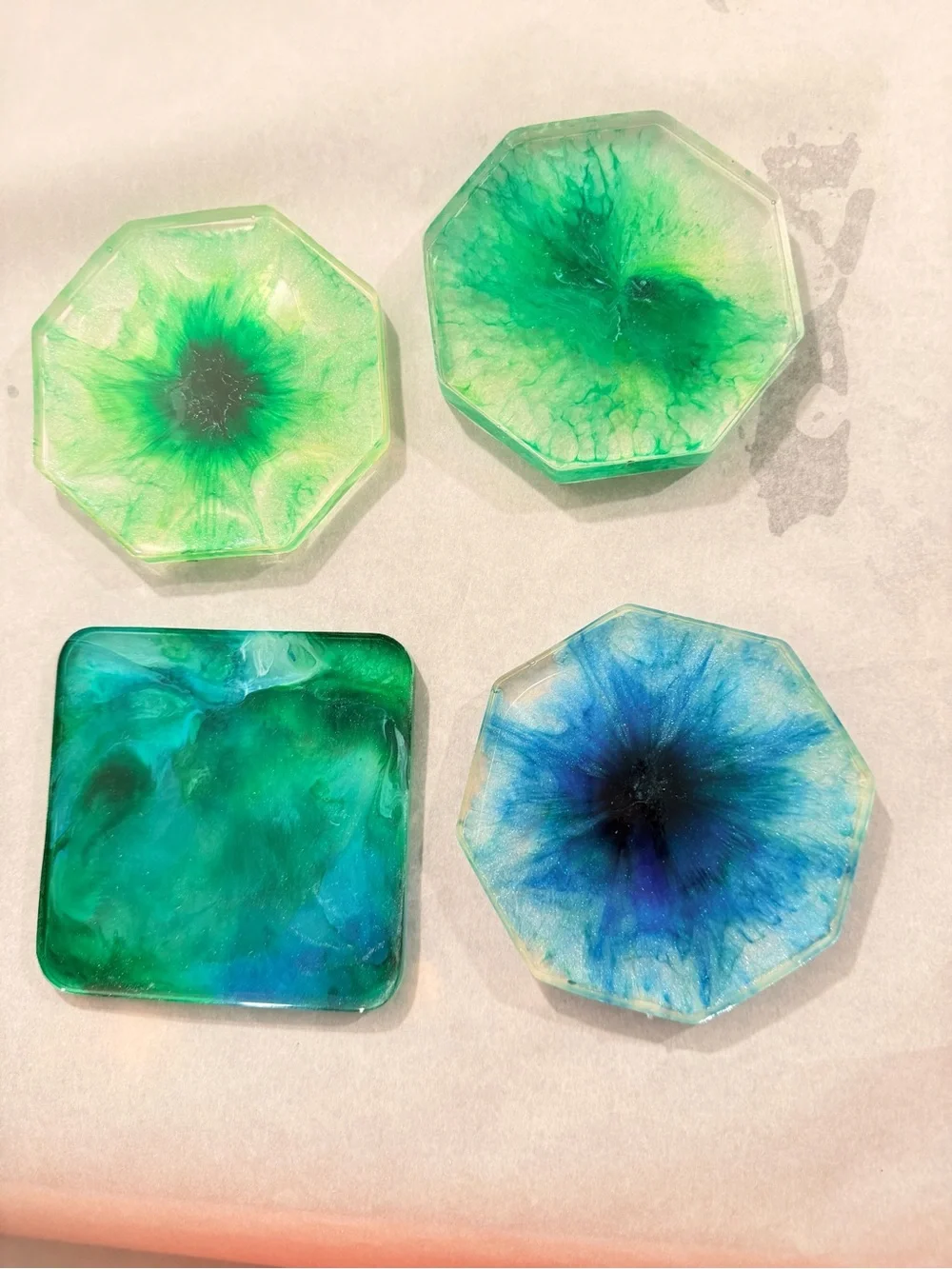 Resin Coaster Set - Blue & Green Marbleized Drink Coasters